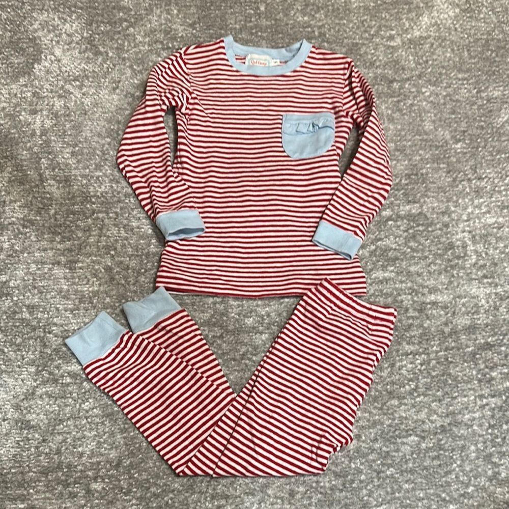 NWOT Red Beans red stripe with blue ruffle pocket and cuffs size 5